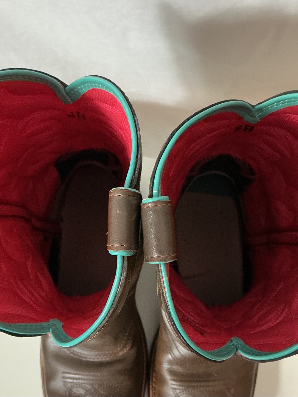 Ariat Brown Leather Western Boots with Turquoise Trim and Red Lining - Picture 4 of 12